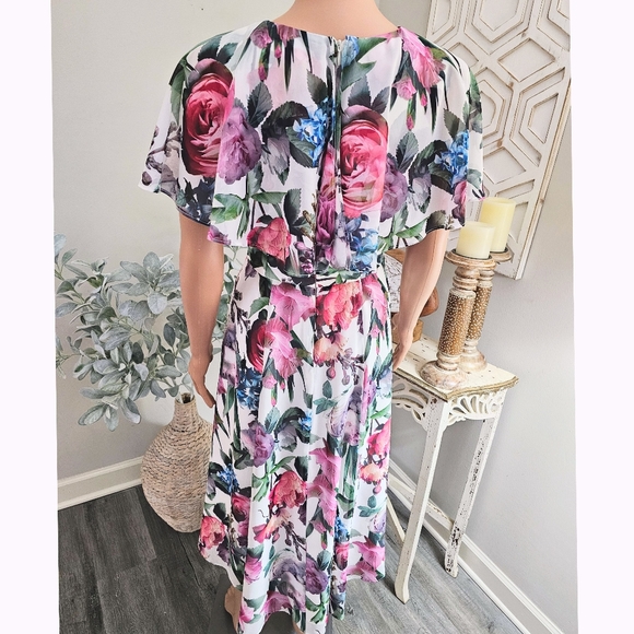 Maggy London White Floral Capelet Sleeves Flowy Chiffon VNeck Midi Dress - Picture 2 of 10